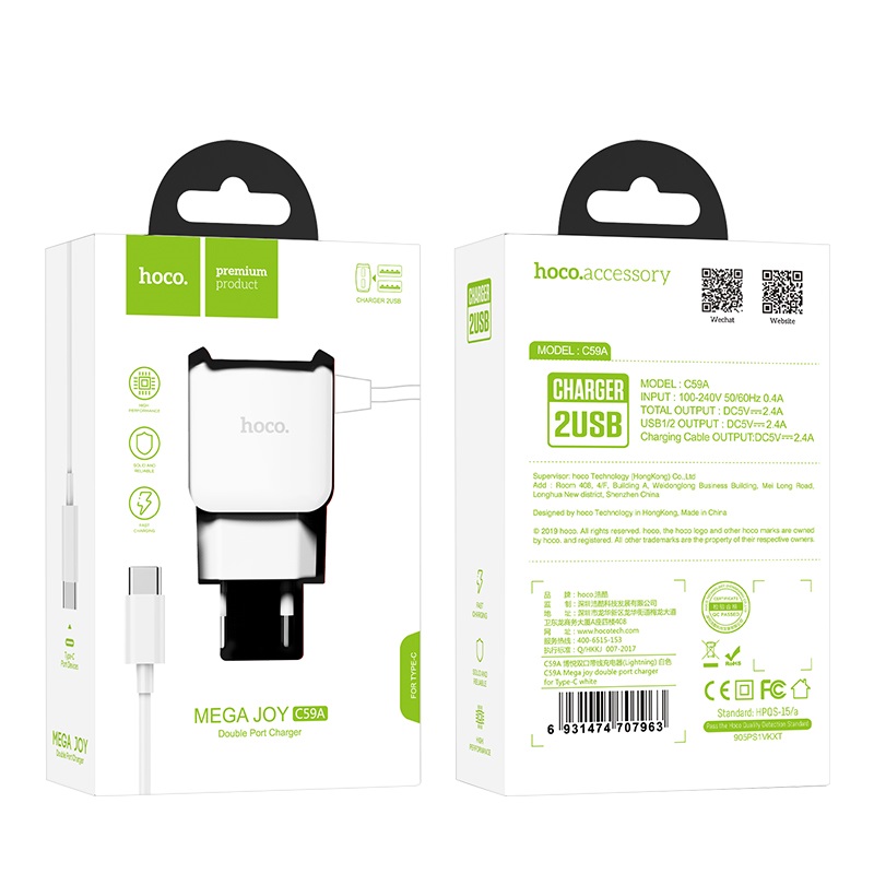 hoco-c59a-mega-joy-double-port-wall-charger-eu-type-c-package